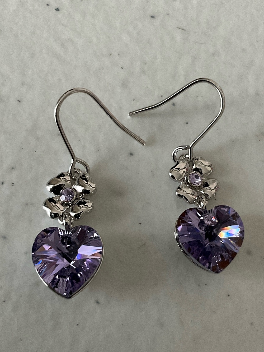 Silver Tone Floral Drop Earrings with Purple Heart Crystals